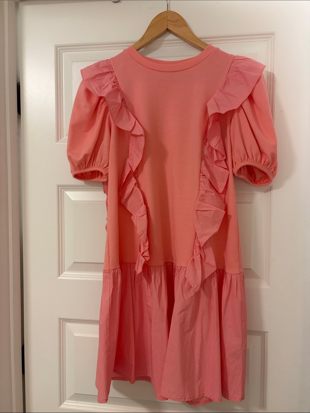 Girls Coral Pink Ruffle Sleeve Casual Dress